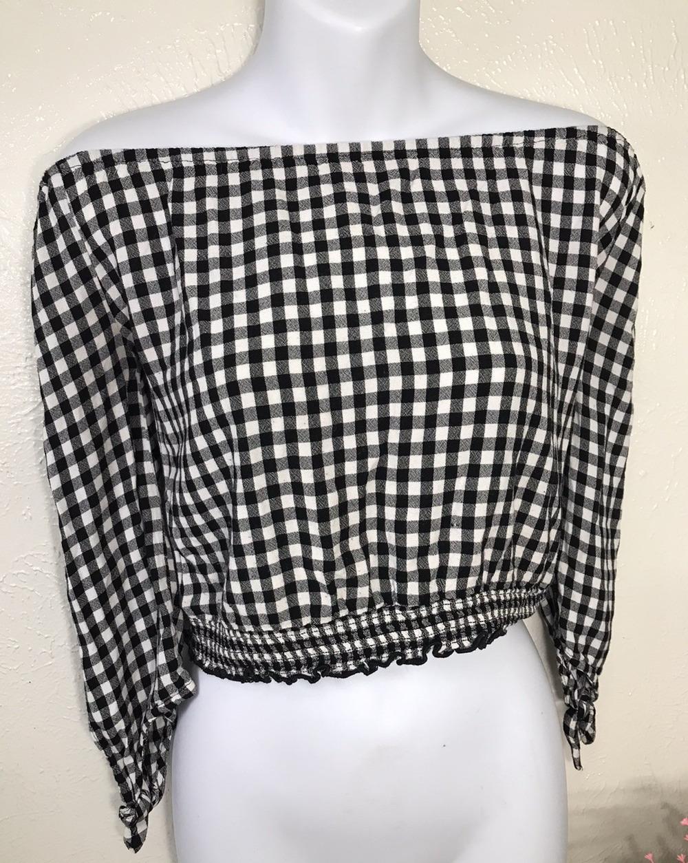 Vintage Hollister long sleeve off the shoulder crop top Plaid festival boho Sm